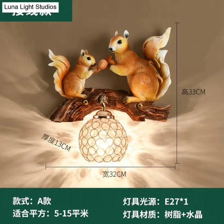 Nordic Vintage Style Resin Squirrel Crystal Led Wall Lamp B