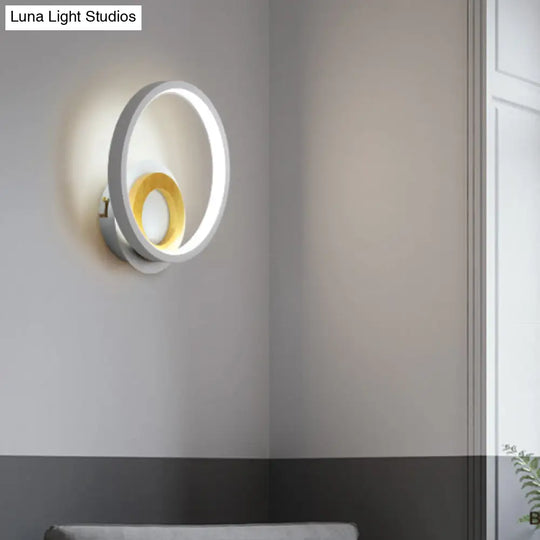 Nordic White And Wood Double Ring Led Wall Lamp - Warm/White Light For Home