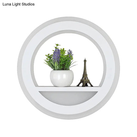 Nordic White Led Acrylic Halo Ring Wall Sconce Light Fixture With Shelf Design