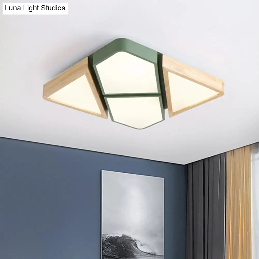 Nordic Wood And Metal Led Square Ceiling Mount Light In Gray/White/Green With Warm/White/Neutral