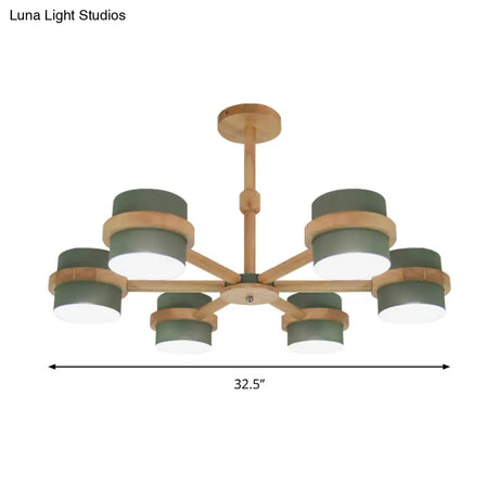 Nordic Wood Cylinder Chandelier - 6-Light Ceiling Pendant For Foyer And Cloth Shop