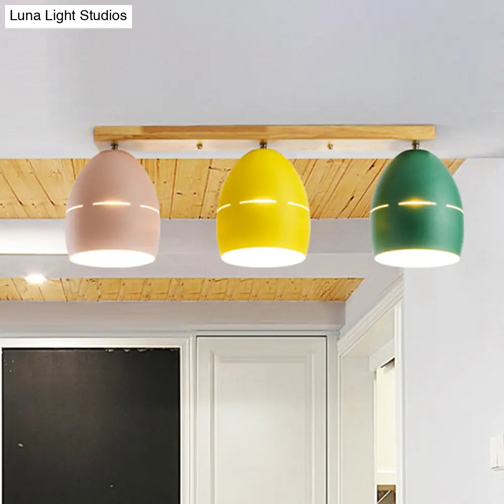Nordic Wood Finish Linear Semi - Flushmount Light: 3 Lights And Oval Metal Shade