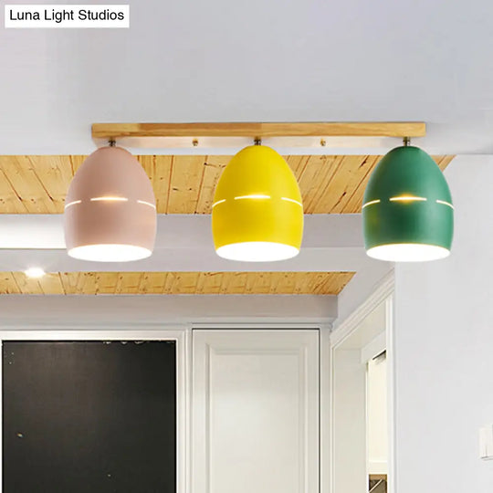 Nordic Wood Finish Linear Semi - Flushmount Light: 3 Lights And Oval Metal Shade