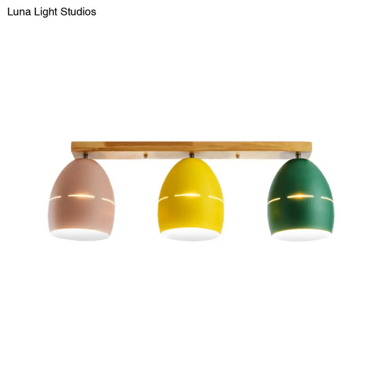 Nordic Wood Finish Linear Semi-Flushmount Light: 3 Lights And Oval Metal Shade