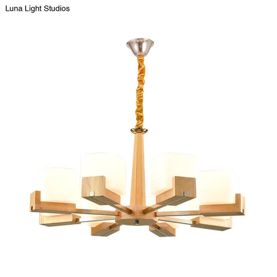 Wooden Nordic Chandelier With Glass Cube Shades - 3/5/8 Heads Ceiling Lamp For Living Room Lighting