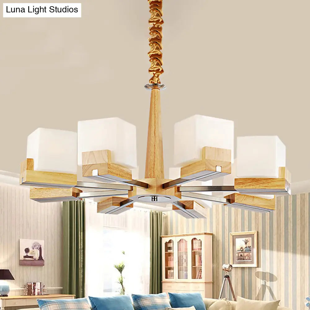 Wooden Nordic Chandelier With Glass Cube Shades - 3/5/8 Heads Ceiling Lamp For Living Room Lighting