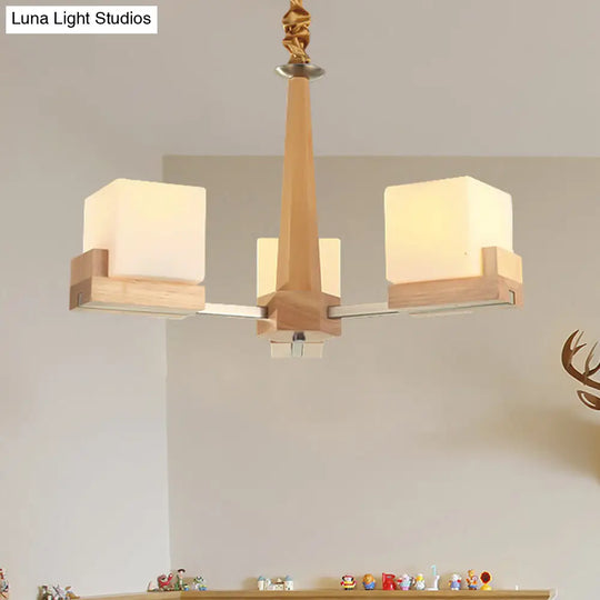 Wooden Nordic Chandelier With Glass Cube Shades - 3/5/8 Heads Ceiling Lamp For Living Room Lighting