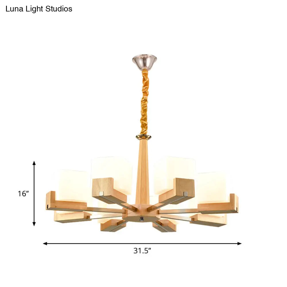 Wooden Nordic Chandelier With Glass Cube Shades - 3/5/8 Heads Ceiling Lamp For Living Room Lighting
