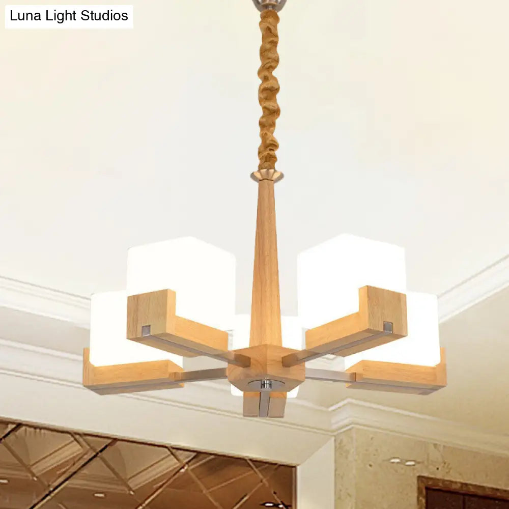 Wooden Nordic Chandelier With Glass Cube Shades - 3/5/8 Heads Ceiling Lamp For Living Room Lighting