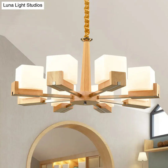 Wooden Nordic Chandelier With Glass Cube Shades - 3/5/8 Heads Ceiling Lamp For Living Room Lighting
