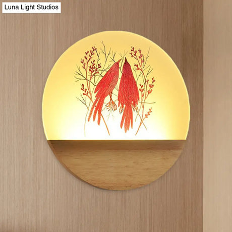 Nordic Wood Sconce With Led Mural Light Deer/Bird Patterned Acrylic Shade - Ideal For Bedroom Wall