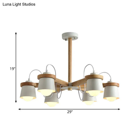 Nordic Wood Semi Flush Ceiling Mount Chandelier With Barrel Lampshade - 6 Bulbs Wheel Style White