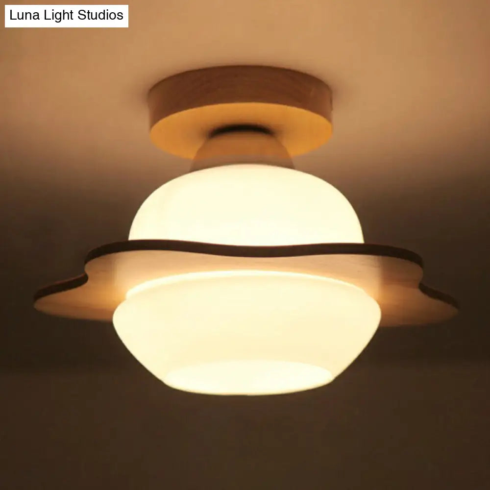 Nordic Wood Semi Flush Mount Ceiling Fixture: Cream Glass Flower Corridor Lighting With 1-Light