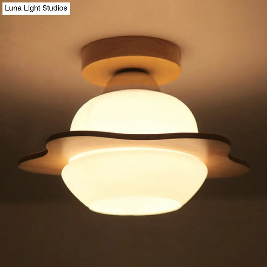Nordic Wood Semi Flush Mount Ceiling Fixture: Cream Glass Flower Corridor Lighting With 1-Light