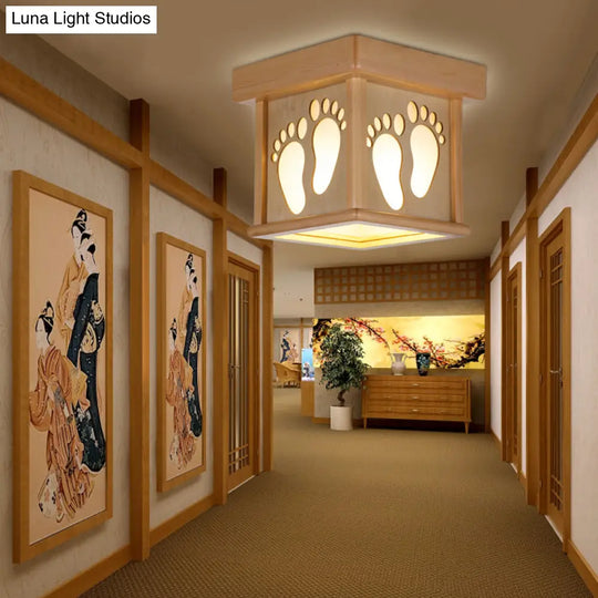Nordic Wood Square Close To Ceiling Light - 10’ W Flush Mount Fixture With Footprints For Dining