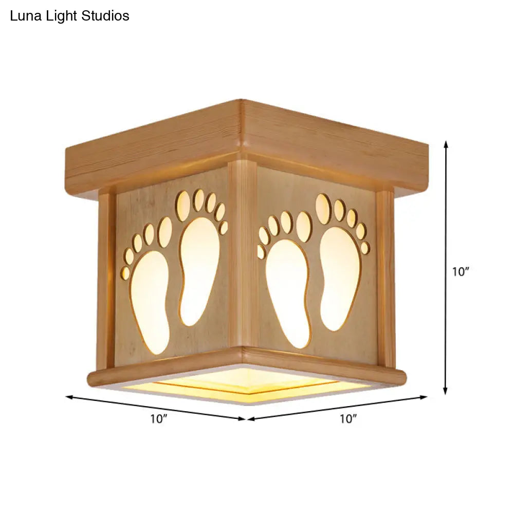 Nordic Wood Square Close To Ceiling Light - 10 W Flush Mount Fixture With Footprints For Dining Room