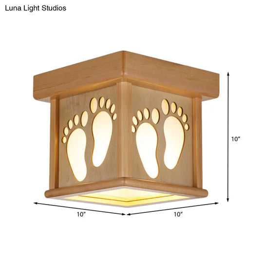 Nordic Wood Square Close To Ceiling Light - 10 W Flush Mount Fixture With Footprints For Dining Room