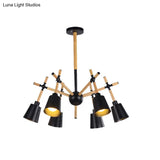 Nordic Wood Swing Arm Chandelier With 6 Bulbs And Conic Lamp Shade In Black/White