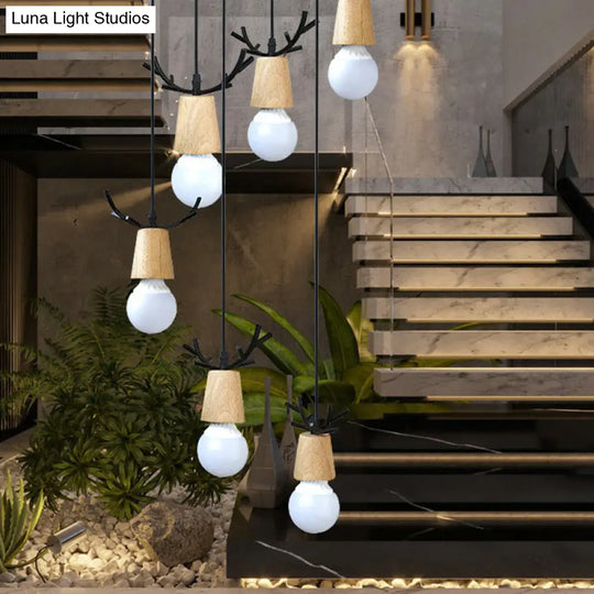 Nordic Wooden Antler Pendant Light With Bare Bulb Design – Ideal For Stairs And Ceilings