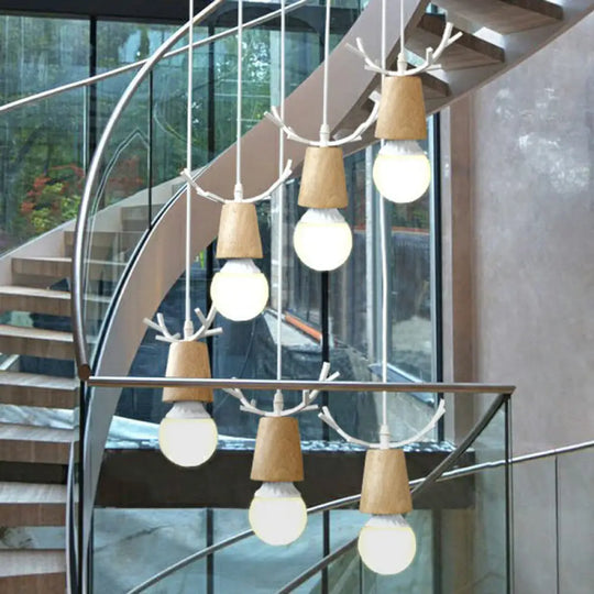Nordic Wooden Antler Pendant Light With Bare Bulb Design – Ideal For Stairs And Ceilings 6 / White