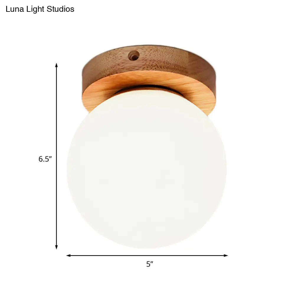 Nordic Wooden Glass Flush Mount Ceiling Light With Milky Globe Modern Lighting Fixture