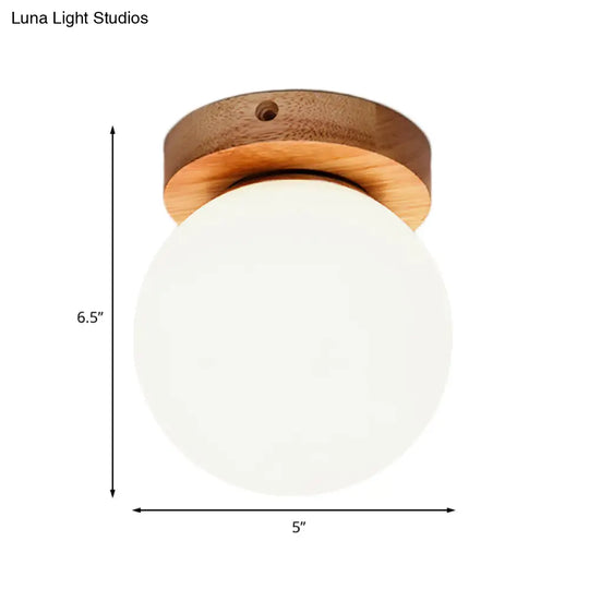 Nordic Wooden Glass Flush Mount Ceiling Light With Milky Globe Modern Lighting Fixture