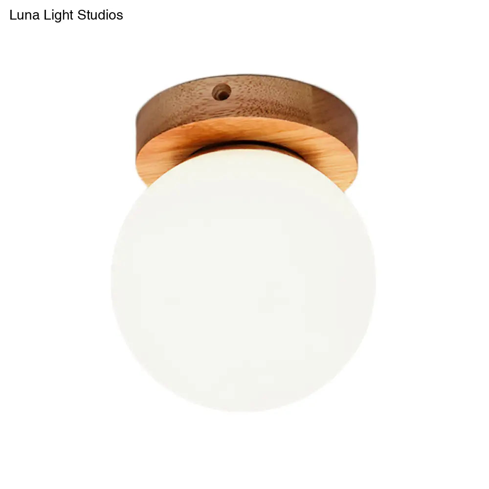 Nordic Wooden Glass Flush Mount Ceiling Light With Milky Globe Modern Lighting Fixture