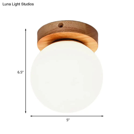 Nordic Wooden Glass Flush Mount Ceiling Light With Milky Globe Modern Lighting Fixture
