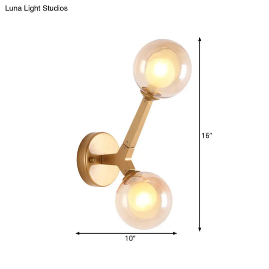 Novelty Amber Glass Wall Light Fixture With Rotatable Tree Crotch Accent - Modern 2-Bulb Gold Sconce