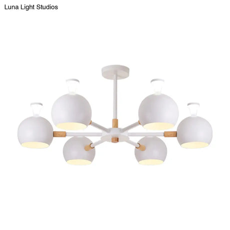 Nursing Room Snowflake Chandelier - 6-Head Wood Ceiling Pendant With Spherical Shade