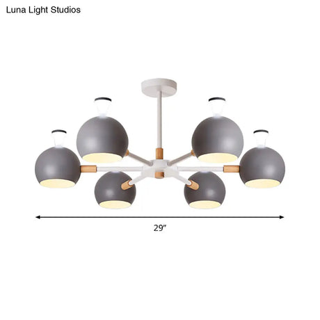 Nursing Room Snowflake Chandelier - 6-Head Wood Ceiling Pendant With Spherical Shade