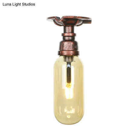 One Light Capsule Semi Flush Industrial Weathered Copper Amber Glass Fixture With Pipe Design