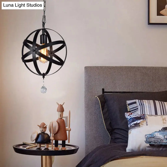 Industrial Black Metal Globe Pendant Lighting With Optional Crystal Ball - One Light Strap Design
