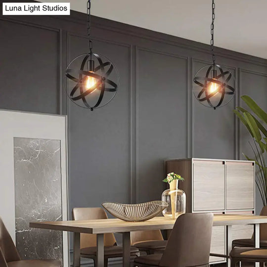 Industrial Black Metal Globe Pendant Lighting With Optional Crystal Ball - One Light Strap Design /