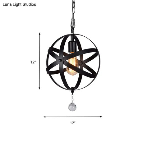 One Light Strap Globe Pendant Industrial Black Metal Ceiling With/Without Crystal Ball