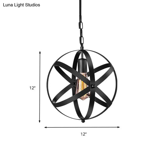 Industrial Black Metal Globe Pendant Lighting With Optional Crystal Ball - One Light Strap Design