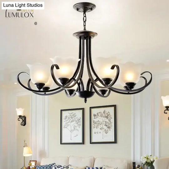 Opal Frosted Glass Black Chandelier Floral 3/8/9-Light Farmhouse Ceiling Pendant Lamp With