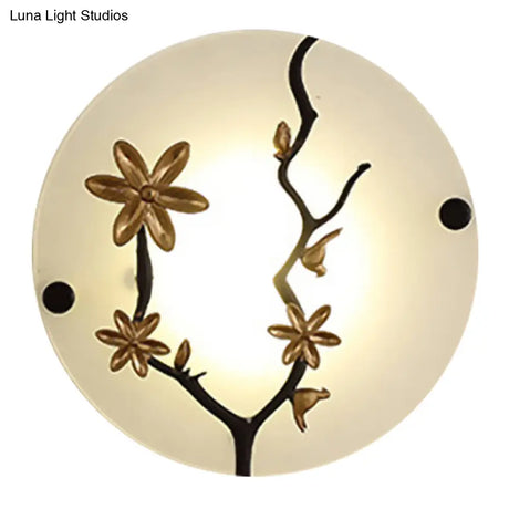 Opal Frosted Glass Led Wall Lamp In Gold - Flower Branch Bedside Mural Asia-Inspired Mounted Light
