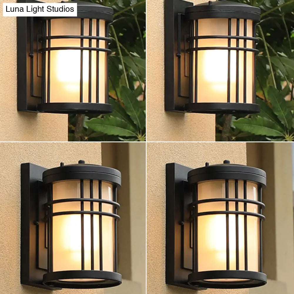 Opal Frosted Glass Minimalist Wall Sconce In Black - Courtyard Lamp With 1-Bulb
