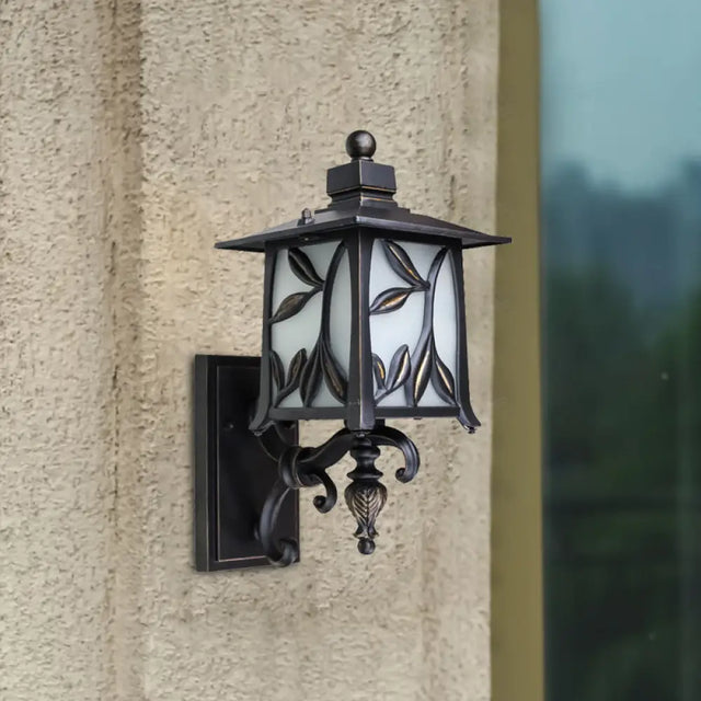 Opal Glass Black Sconce Shade Lantern - Countryside Wall Lighting With Leaf Design