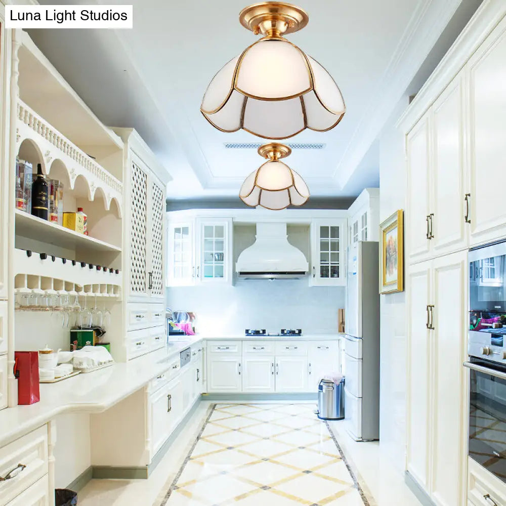 Dome Opal Glass Brass Ceiling Light Fixture For Bedroom - Semi Flush Mount Design With 1 Bulb