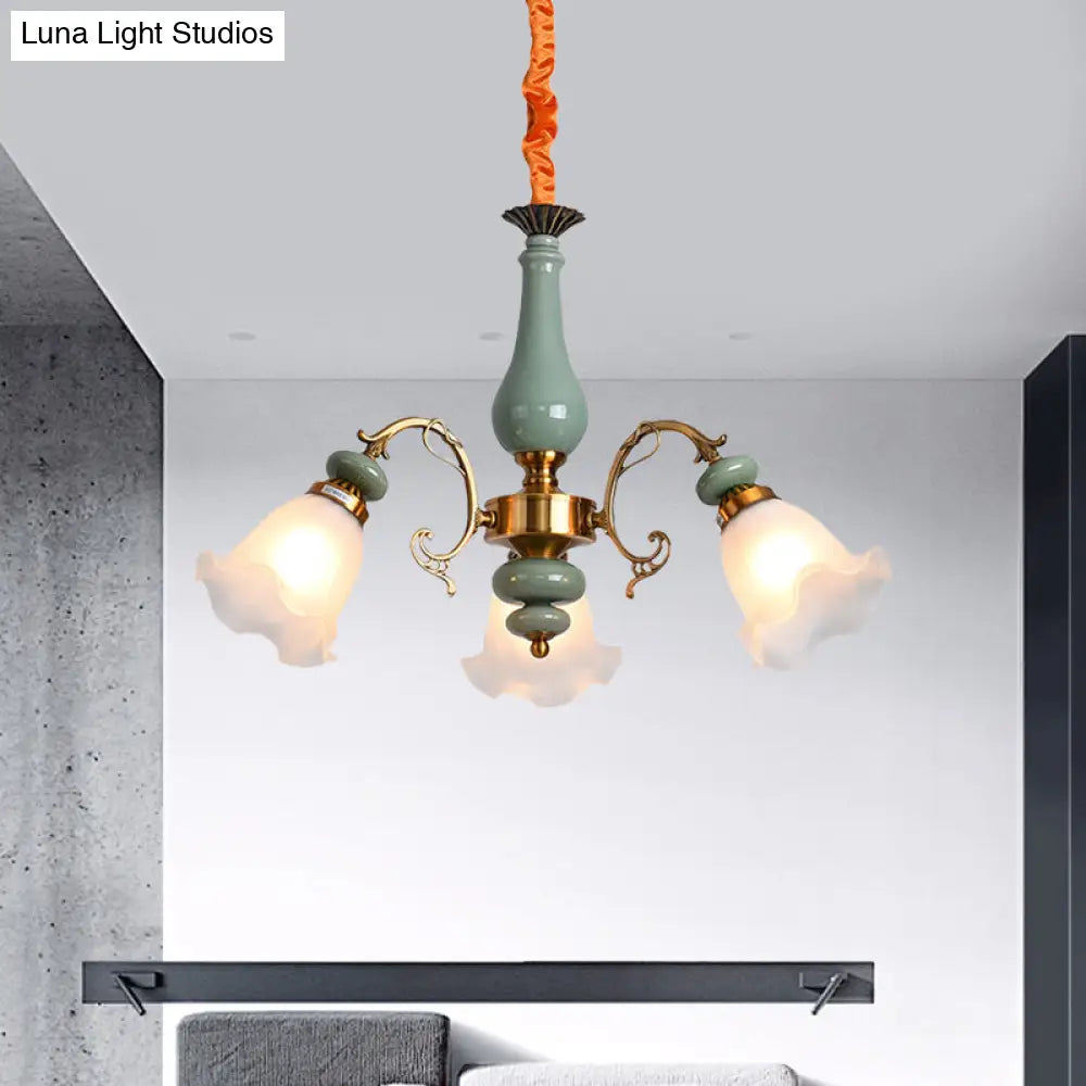 Opal Glass Ceiling Chandelier With Flower Design - Traditional 3/5 Heads Light Blue/Pewter