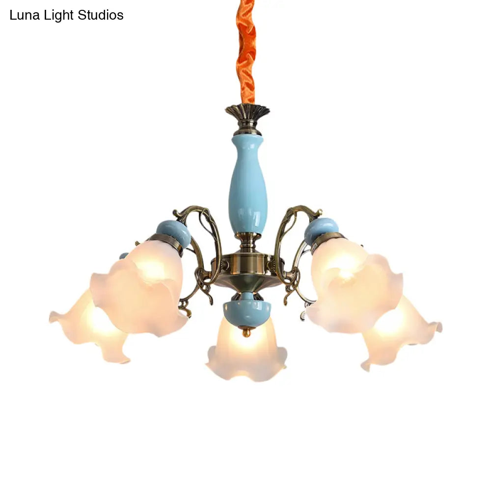 Opal Glass Ceiling Chandelier With Flower Design - Traditional 3/5 Heads Light Blue/Pewter