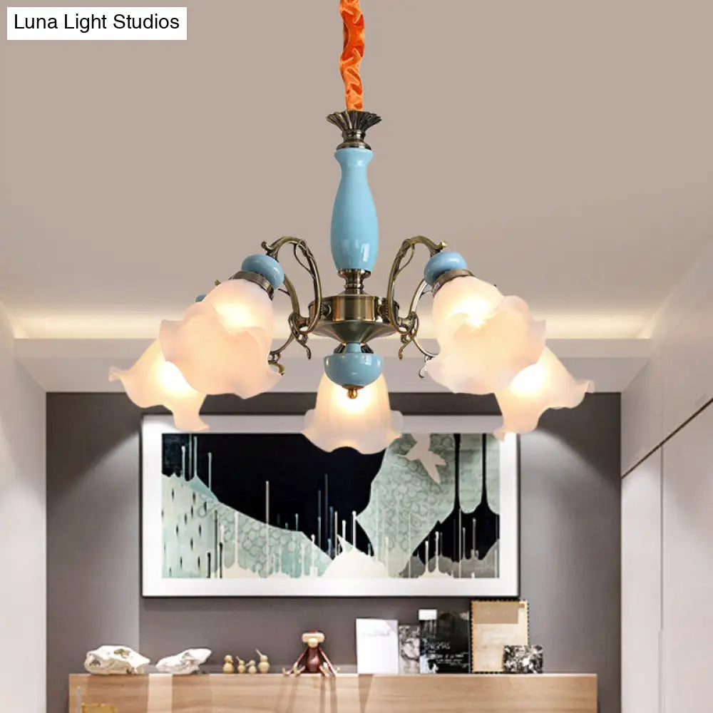 Opal Glass Ceiling Chandelier With Flower Design - Traditional 3/5 Heads Light Blue/Pewter