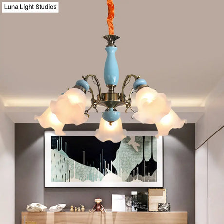 Opal Glass Ceiling Chandelier With Flower Design - Traditional 3/5 Heads Light Blue/Pewter