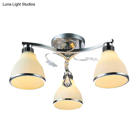 Opal Glass Crystal Cone Semi Flush Mount Lighting For Bedroom - 3 Lights Fixture