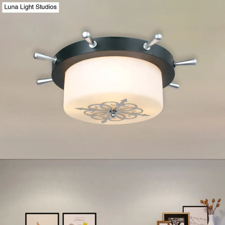 Opal Glass Drum Flush Mount Fixture - 3 Bulbs White/Light Blue/Blackish Green