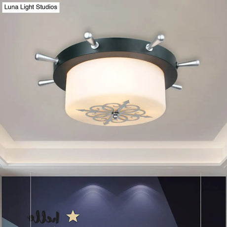 Opal Glass Drum Flush Mount Fixture - 3 Bulbs White/Light Blue/Blackish Green