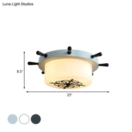 Opal Glass Drum Flush Mount Fixture - 3 Bulbs White/Light Blue/Blackish Green