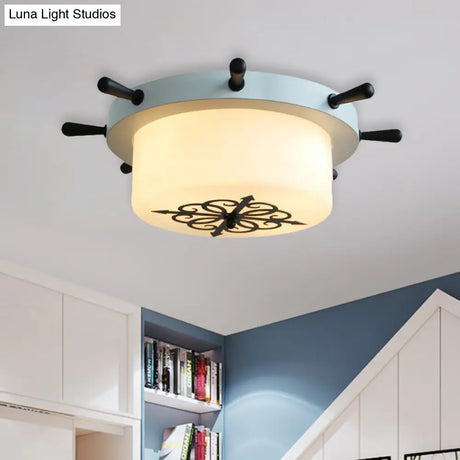 Opal Glass Drum Flush Mount Fixture - 3 Bulbs White/Light Blue/Blackish Green